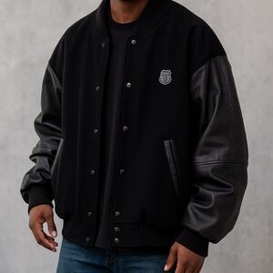 Canyon Outback Leather Wool Black Bomber Jacket with Leather Sleeves Casual